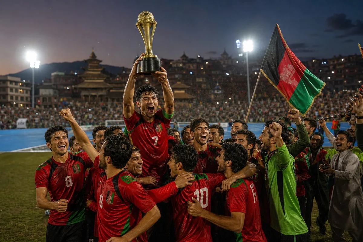 Fictional Afghanistan players celebrating their 2-0 SAFF Championship final victory over India in Kathmandu in 2013