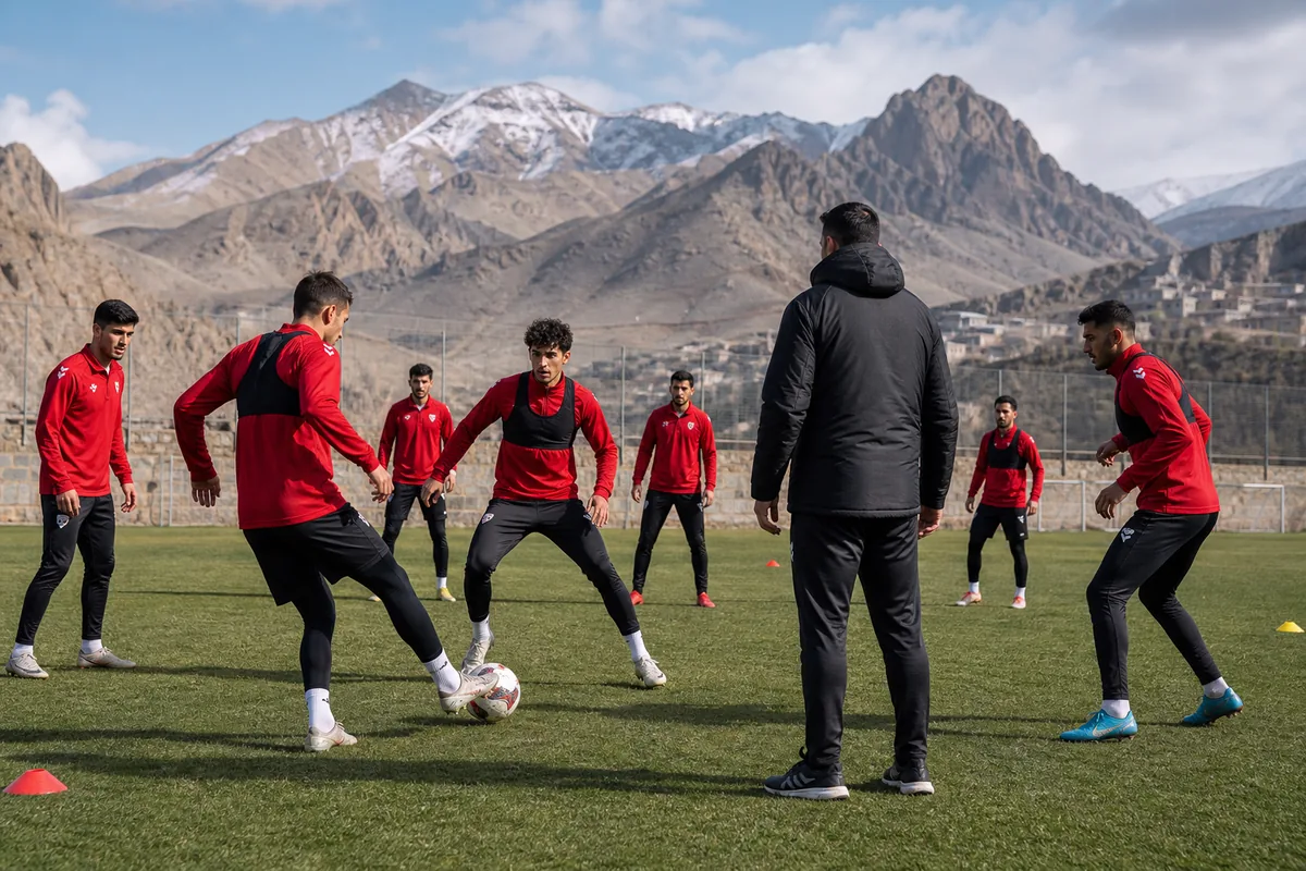 Fictional Afghanistan national-team players training together in a focused passing drill on a mountain-edge pitch