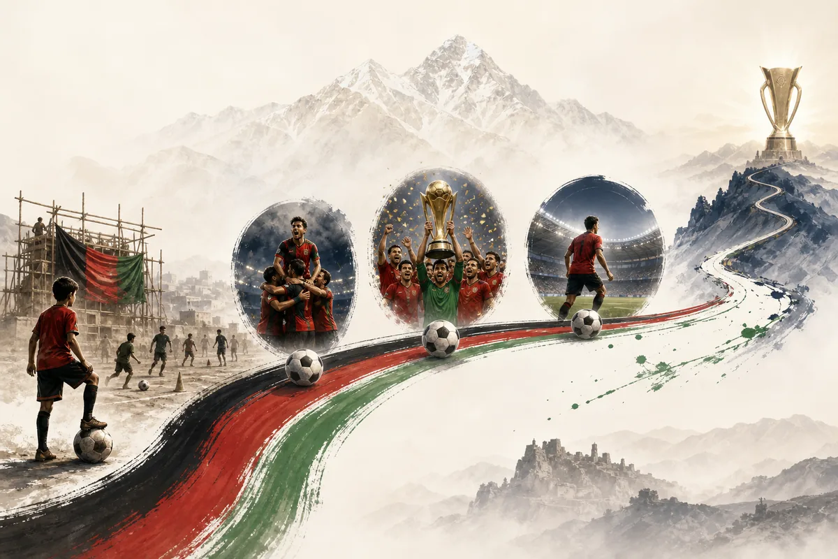 Text-free editorial timeline illustration of Afghanistan's road from rebuilding to the 2013 SAFF title and Asian Cup debut