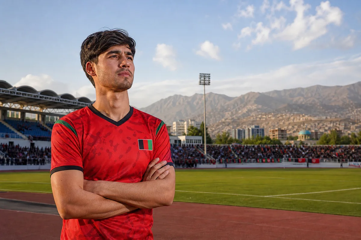 A fictional Afghanistan national-team midfielder inspired by Faysal Shayesteh standing before a football ground with mountain scenery