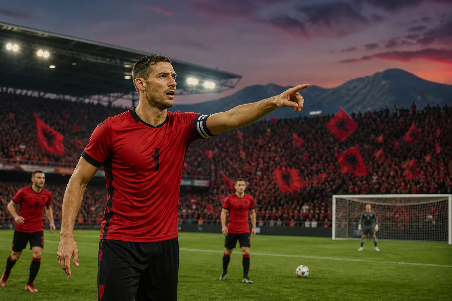 A fictional Albanian national-team captain leading his side through a tense international match