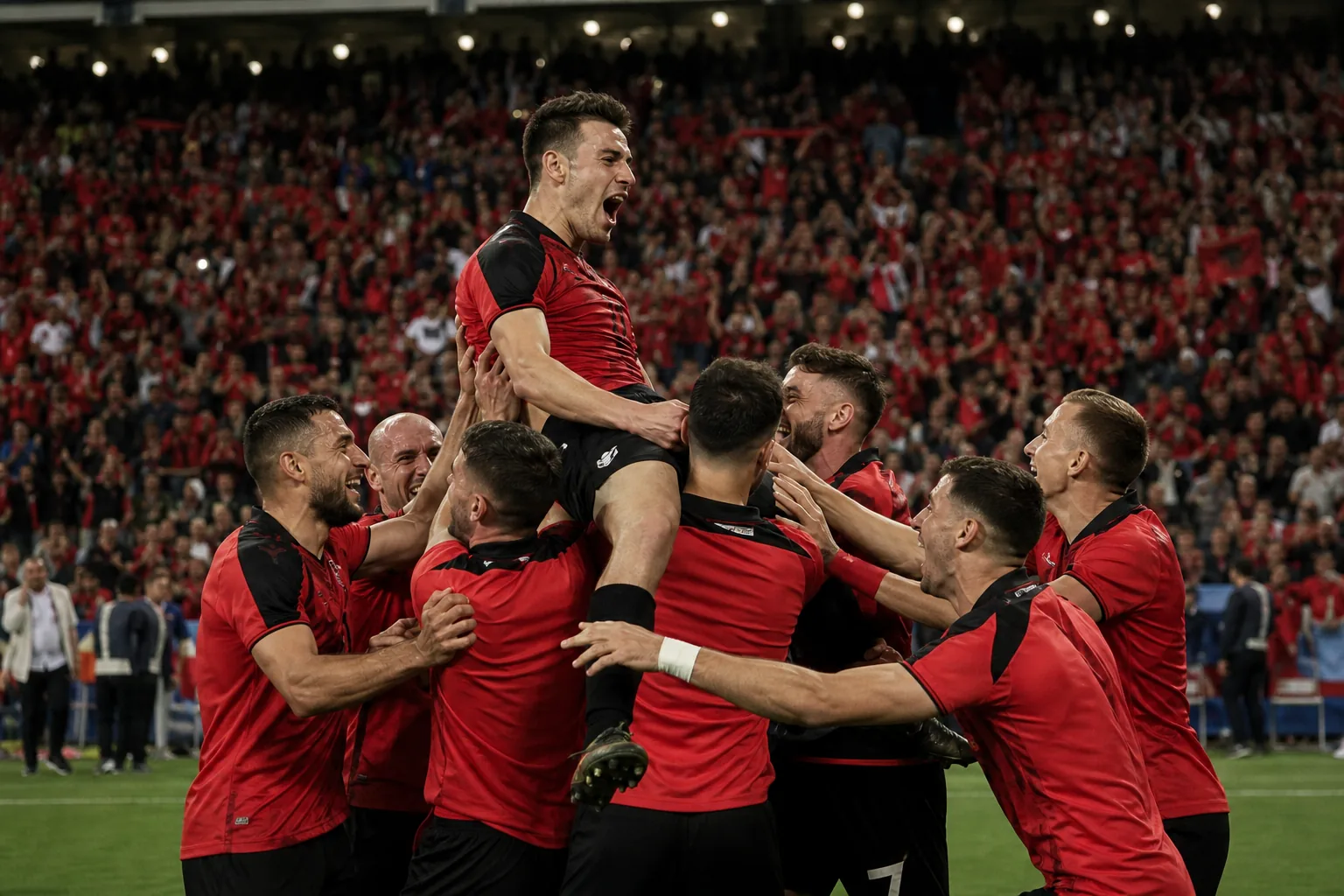 Fictional Albanian players celebrating qualification for Euro 2016