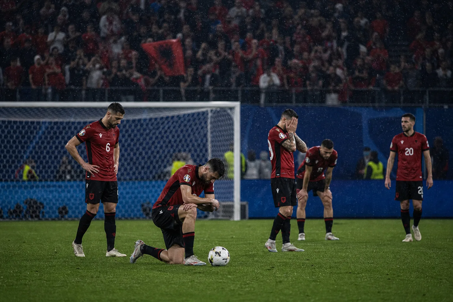 Fictional Albanian players reacting after a narrow tournament setback