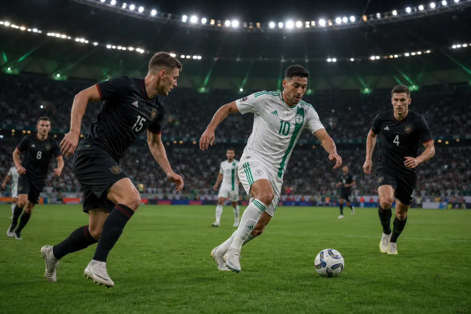Fictional Algerian footballers pushing Germany into a tense World Cup knockout match