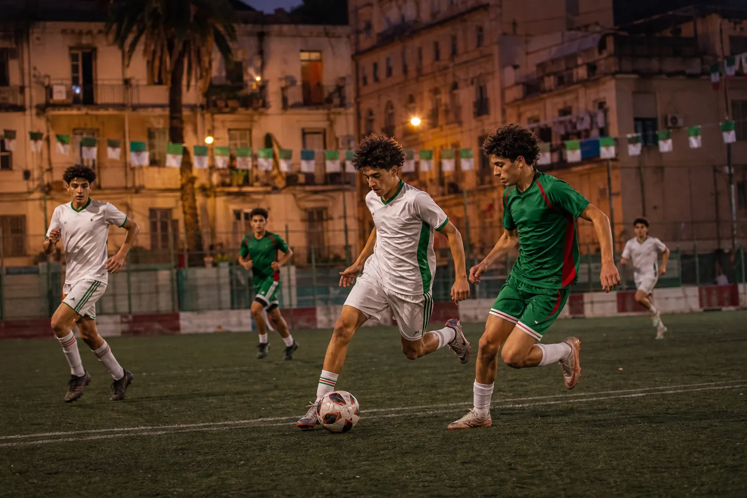 Young fictional Algerian footballers playing an energetic evening match in Algiers