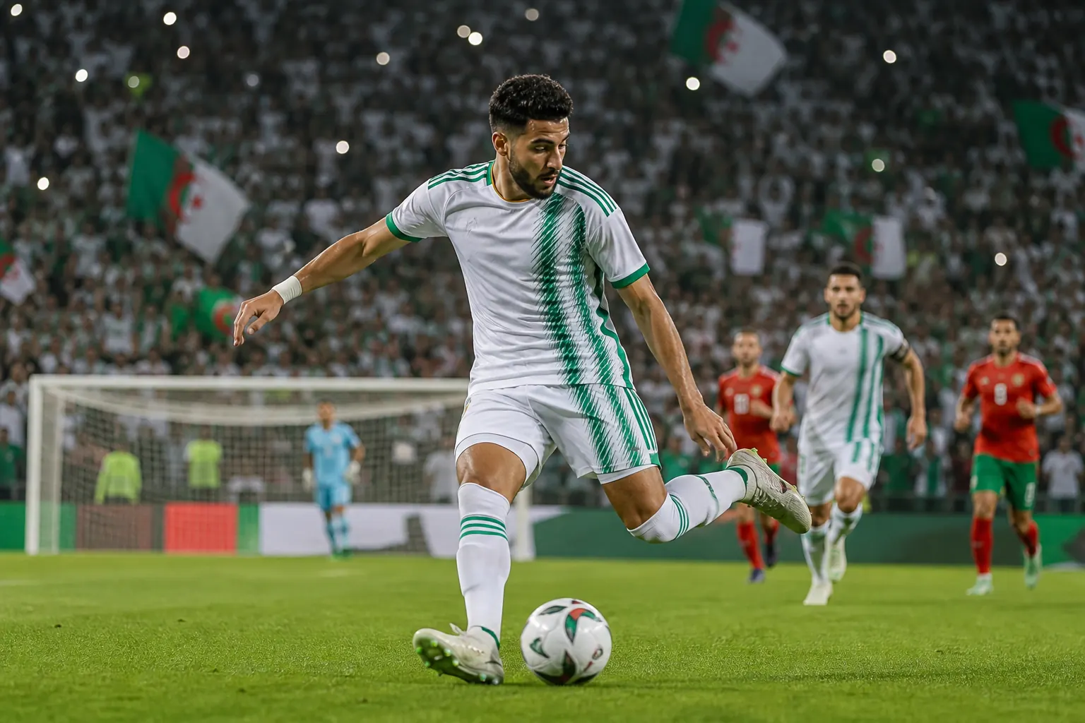 A fictional Algerian national-team star winger leading an attack in a packed international match