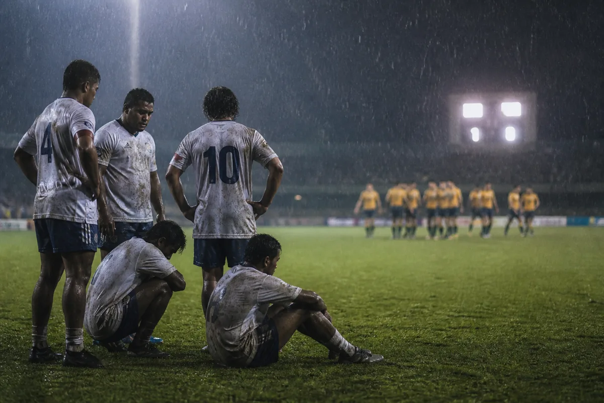 Fictional American Samoan players regrouping on a rain-soaked Pacific pitch after a difficult qualifying defeat