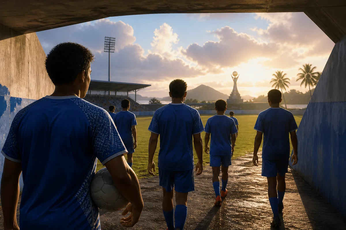 Fictional young American Samoan footballers walking from a modest stadium tunnel toward a bright Pacific pitch and a distant OFC trophy