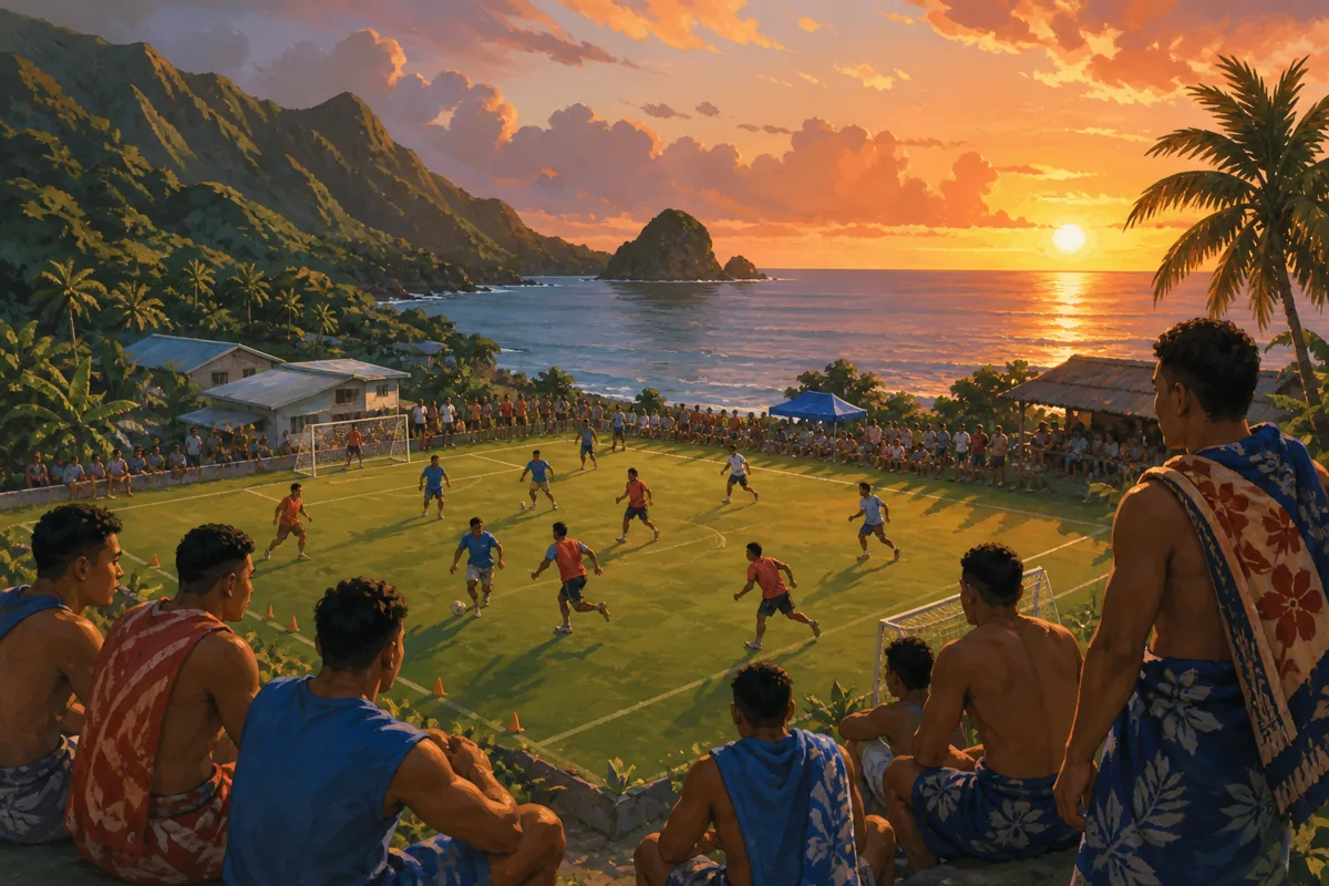 Fictional American Samoan players training on a compact coastal football pitch with tropical hills and ocean beyond