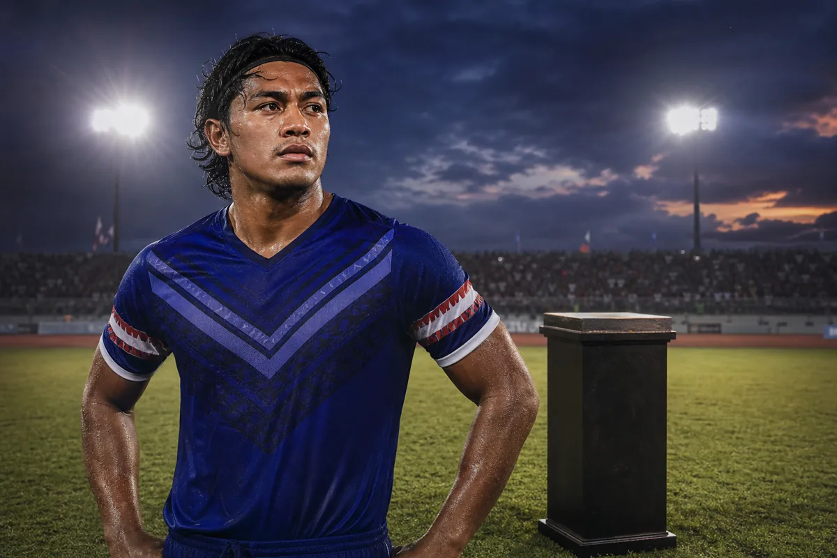 Editorial sports portrait of a fictional American Samoan midfielder inspired by Ramin Ott under Pacific stadium lights with an empty regional trophy pedestal