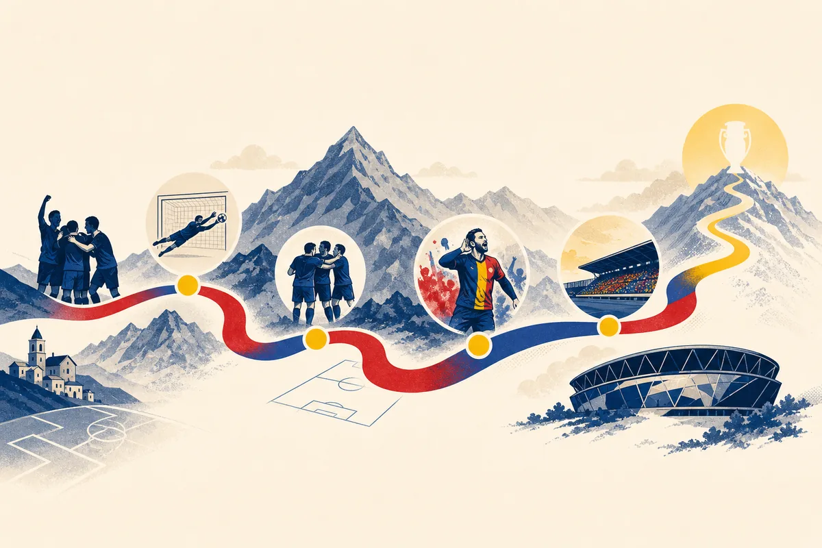Text-free editorial timeline illustration of Andorra's journey from early wins to the continuing wait for a major tournament