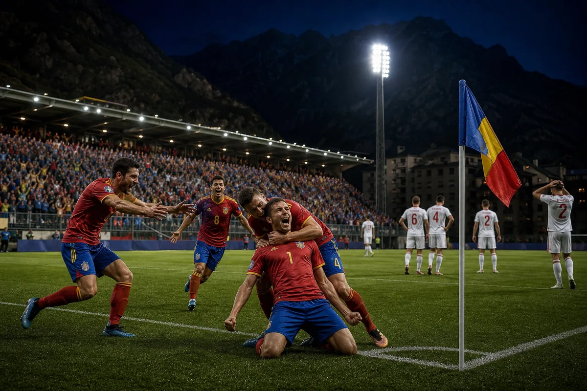 Fictional Andorran players celebrating a famous qualifying win against Hungary in a mountain stadium
