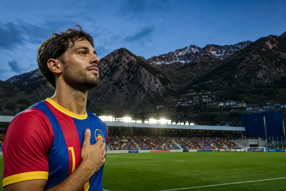 A fictional Andorran national-team midfielder inspired by Marc Rebés standing proudly before a compact mountain stadium