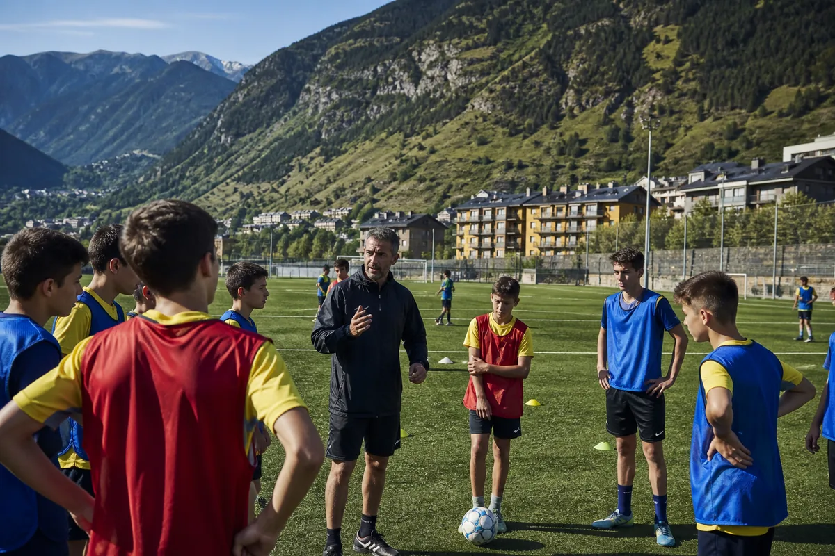 Andorran youth footballers listening to a coach on a mountain training pitch