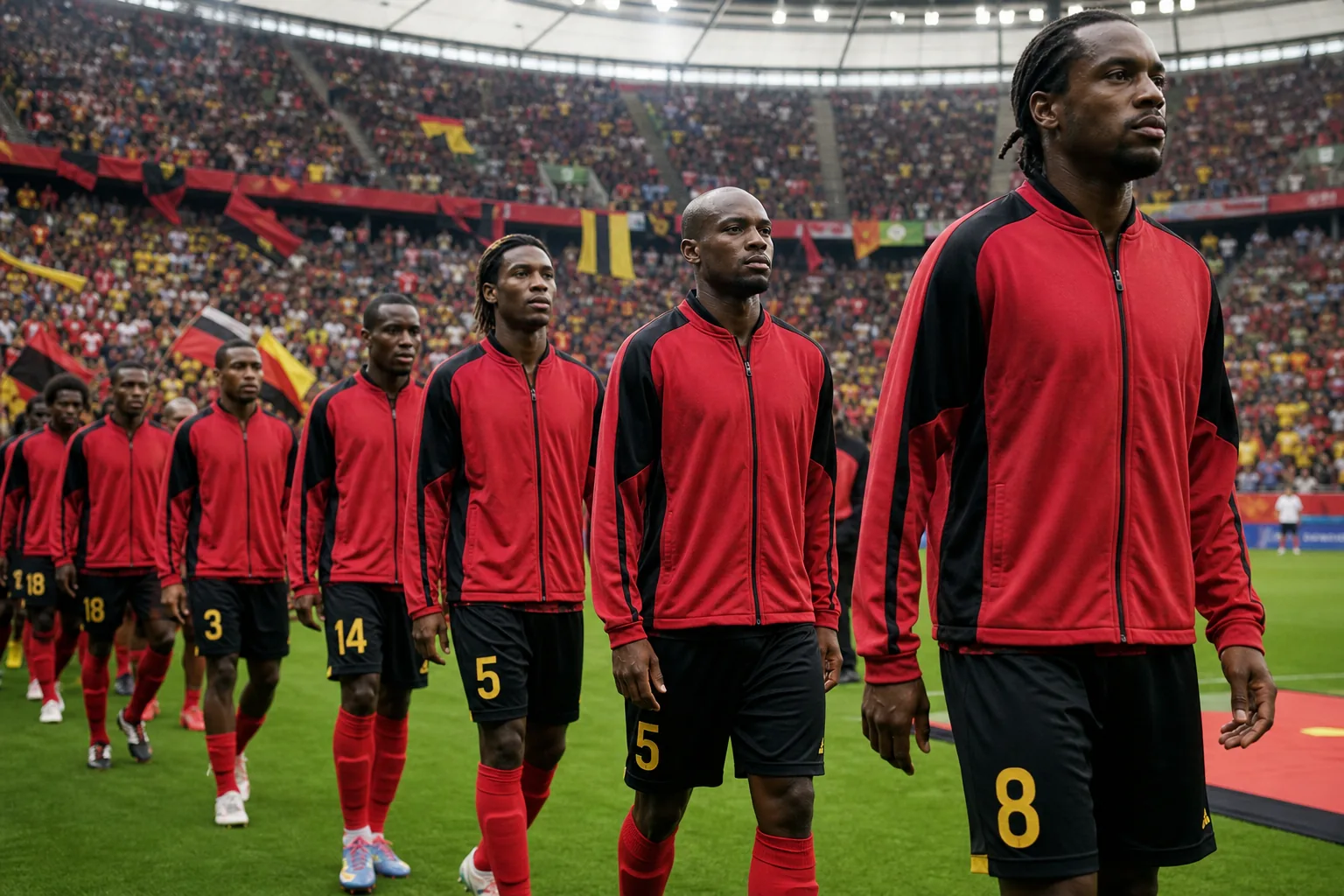 Angola players walking onto a European stadium pitch for a historic World Cup debut