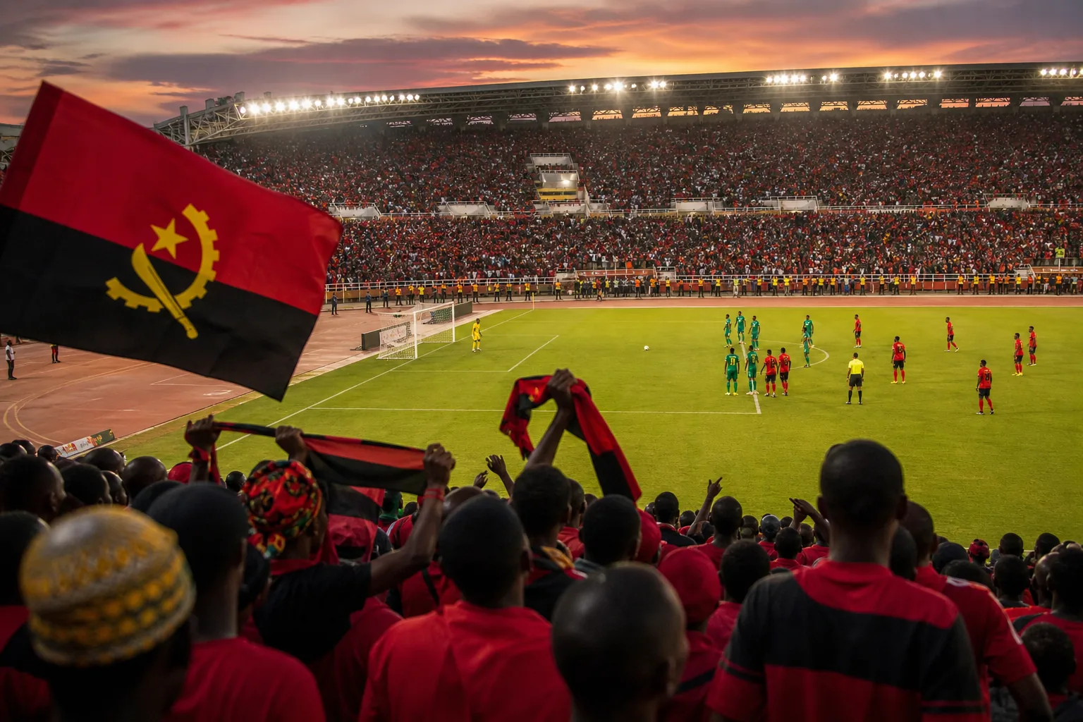 Angola players contesting a tense Africa Cup of Nations knockout match under stadium lights