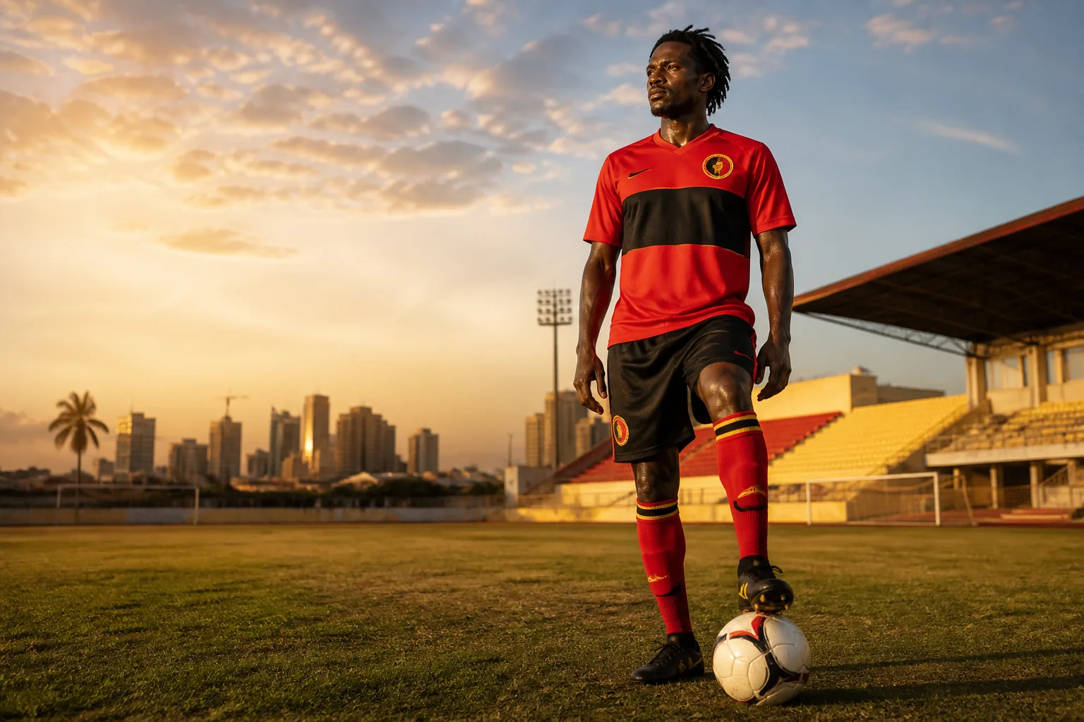 A fictional editorial portrait of Angola national-team striker Flávio on a football ground in Luanda