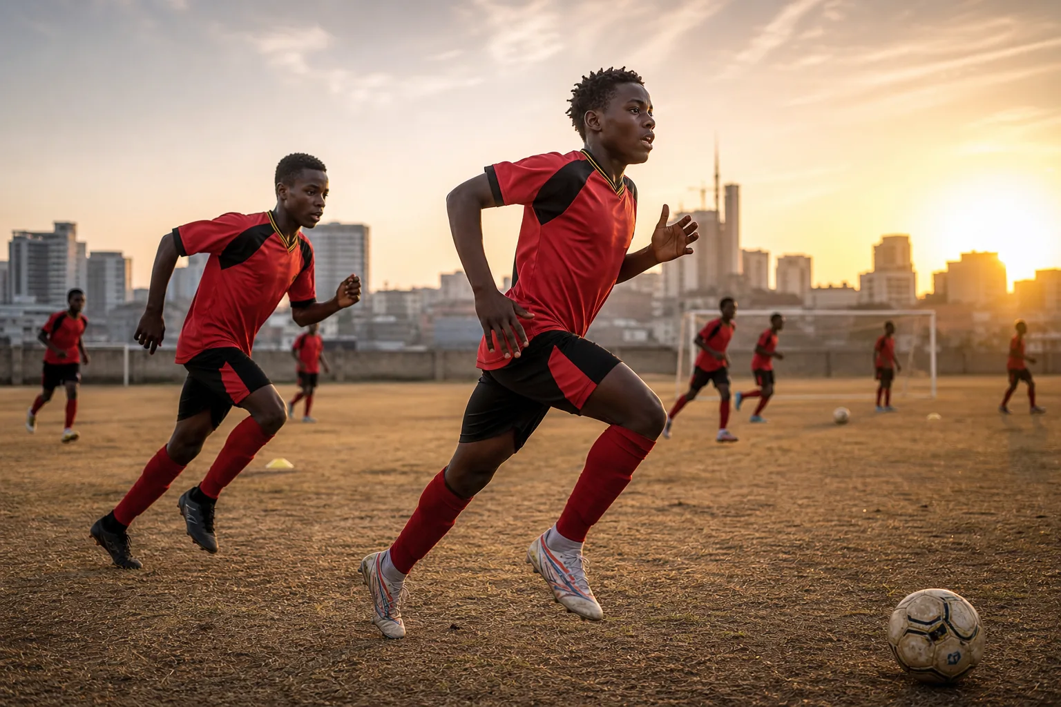 Young Angolan footballers training at sunset on a community pitch in Luanda
