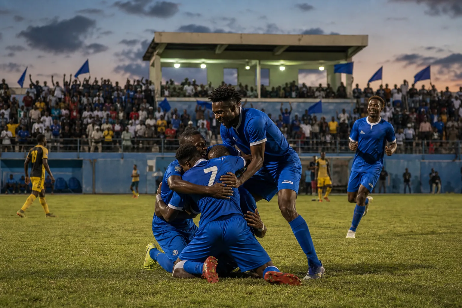 Anguilla players celebrating a hard-earned CONCACAF victory in a small Caribbean stadium