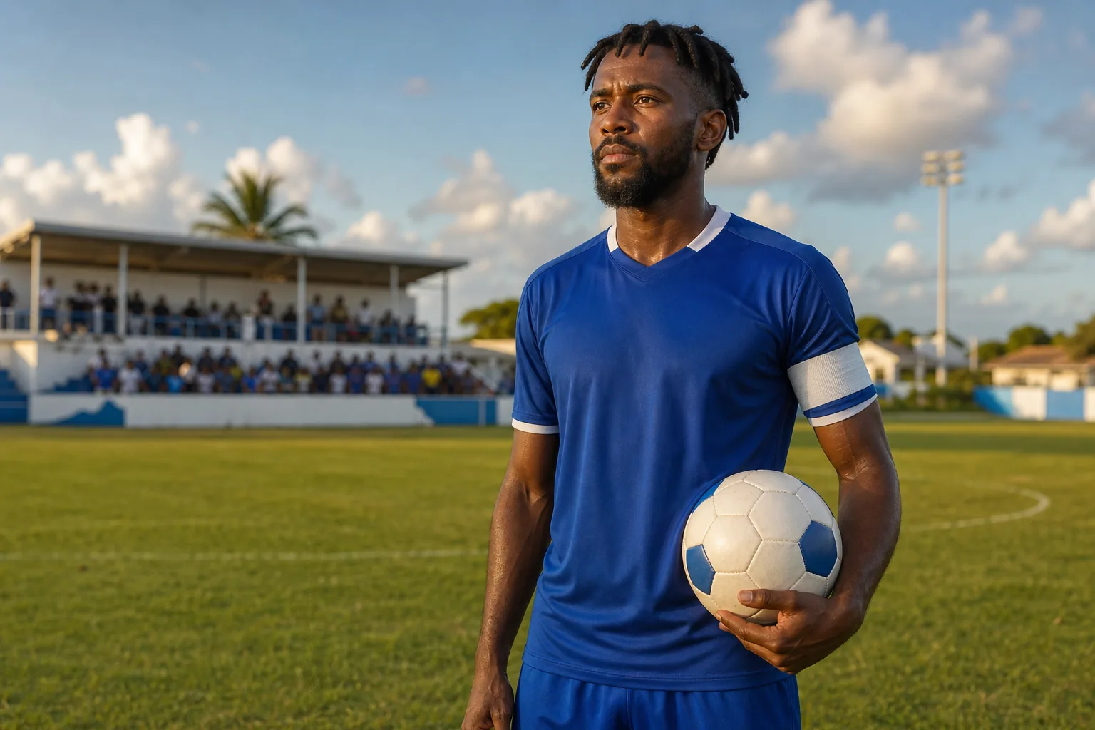 A fictional editorial portrait of Anguilla captain Germain Hughes on a modest Caribbean football ground
