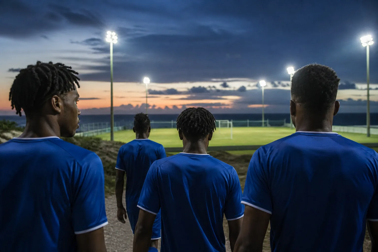 A blue-shirted island football team walking toward a modest floodlit pitch at twilight