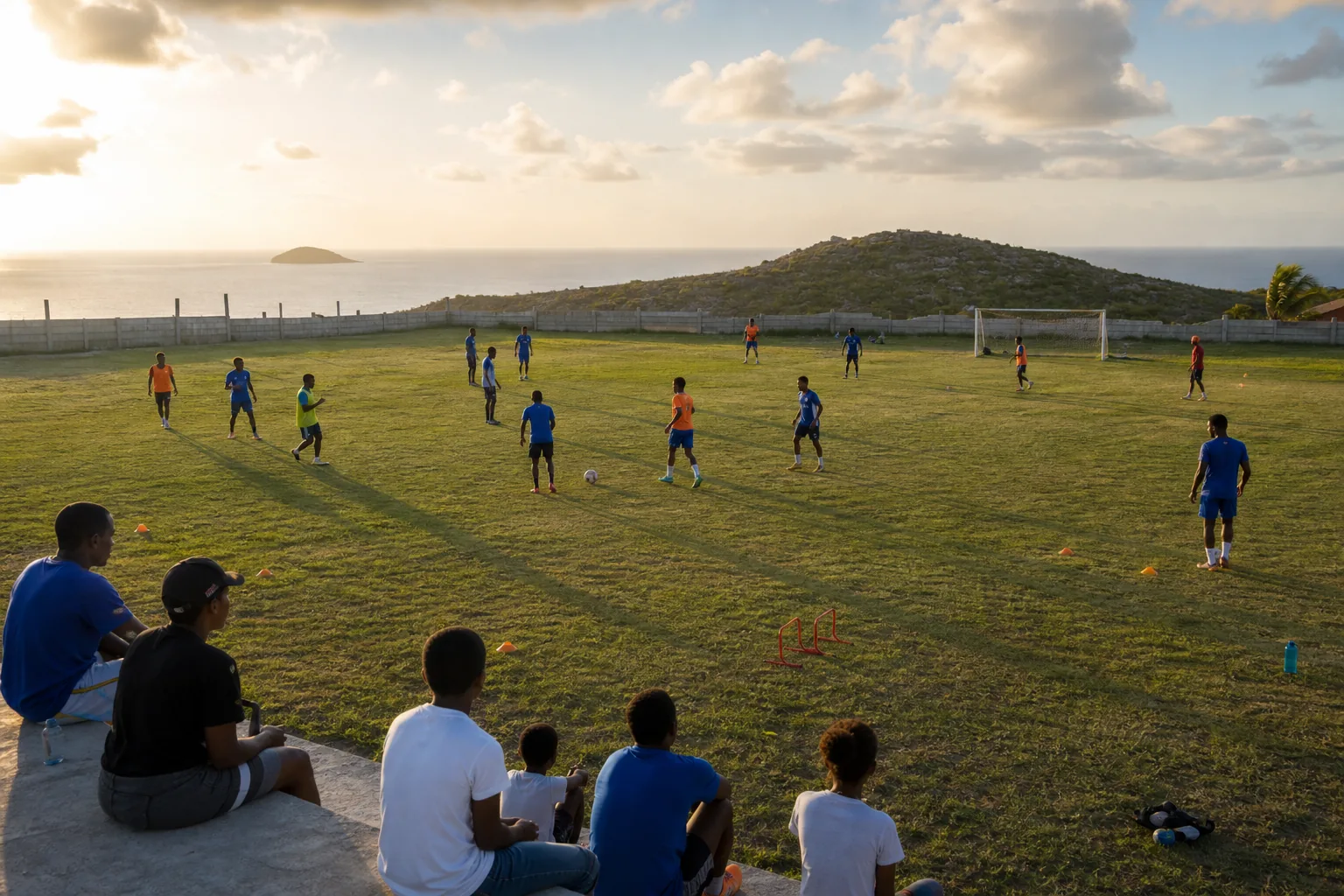 A modest Anguilla football ground surrounded by Caribbean landscape and a sea horizon