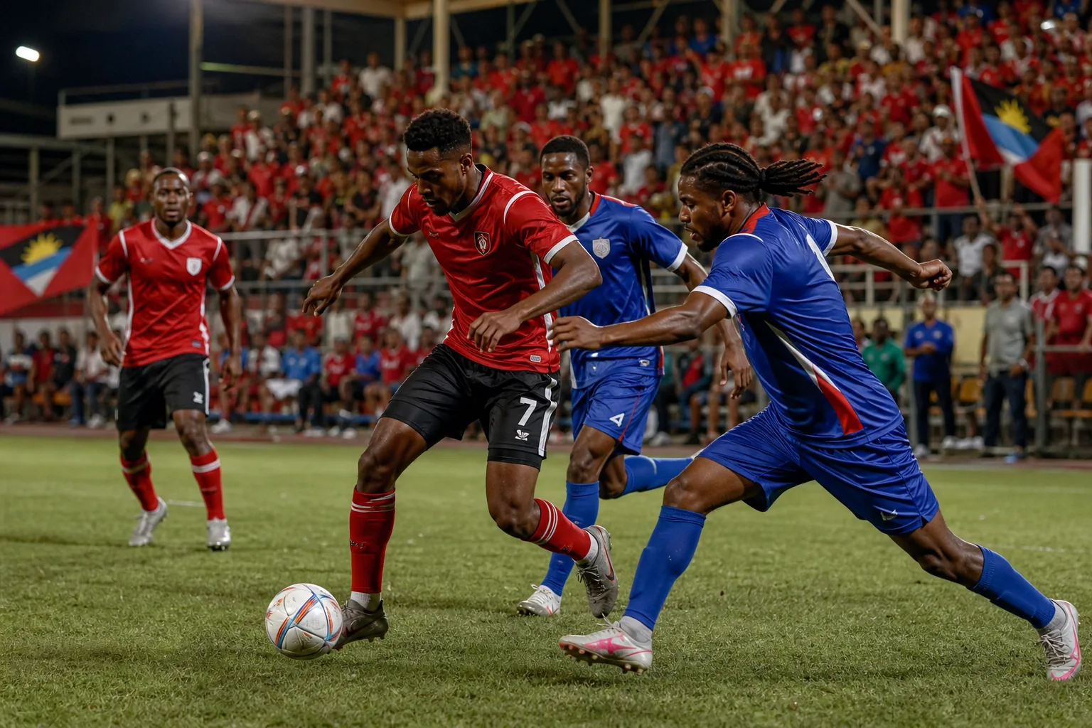 Antigua and Barbuda players contesting an intense Caribbean regional football match under floodlights