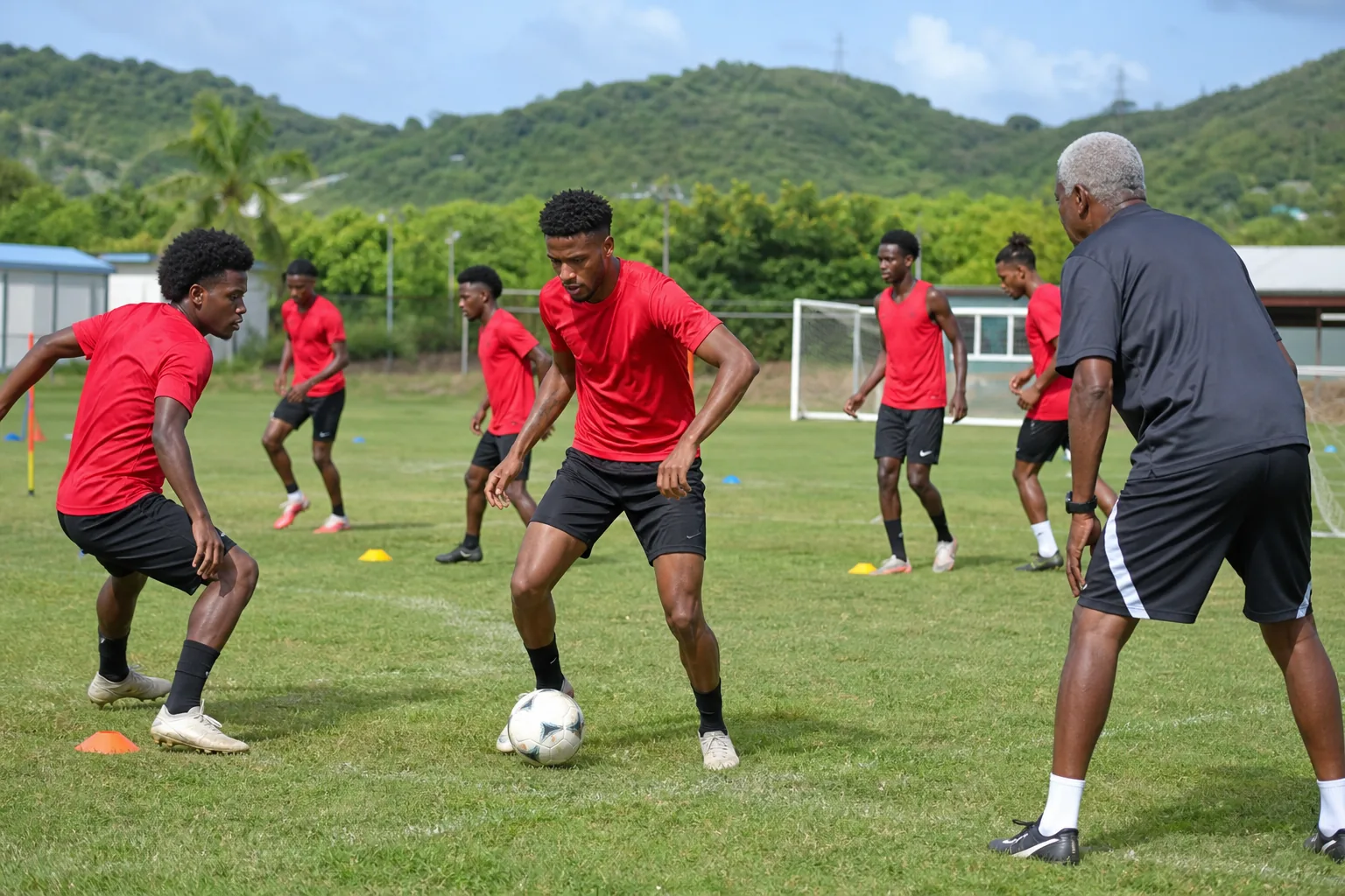 Antigua and Barbuda national-team players training together on a compact Caribbean ground