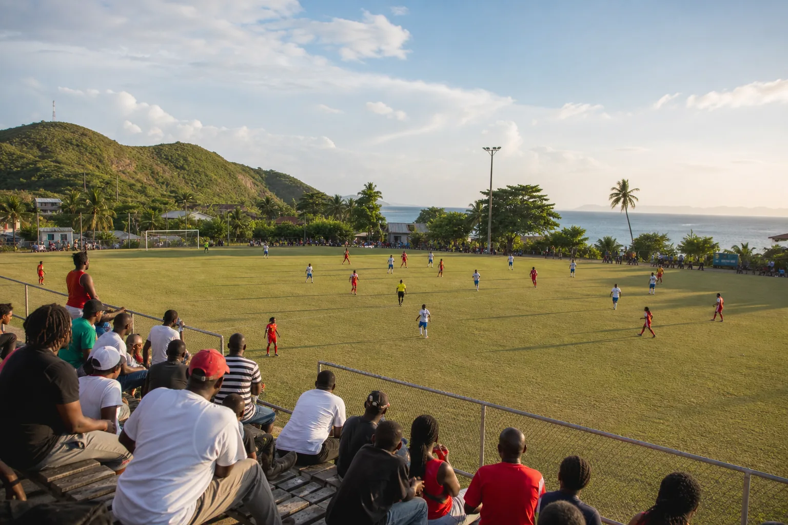 A community football match on an Antigua and Barbuda island pitch with supporters and tropical hills