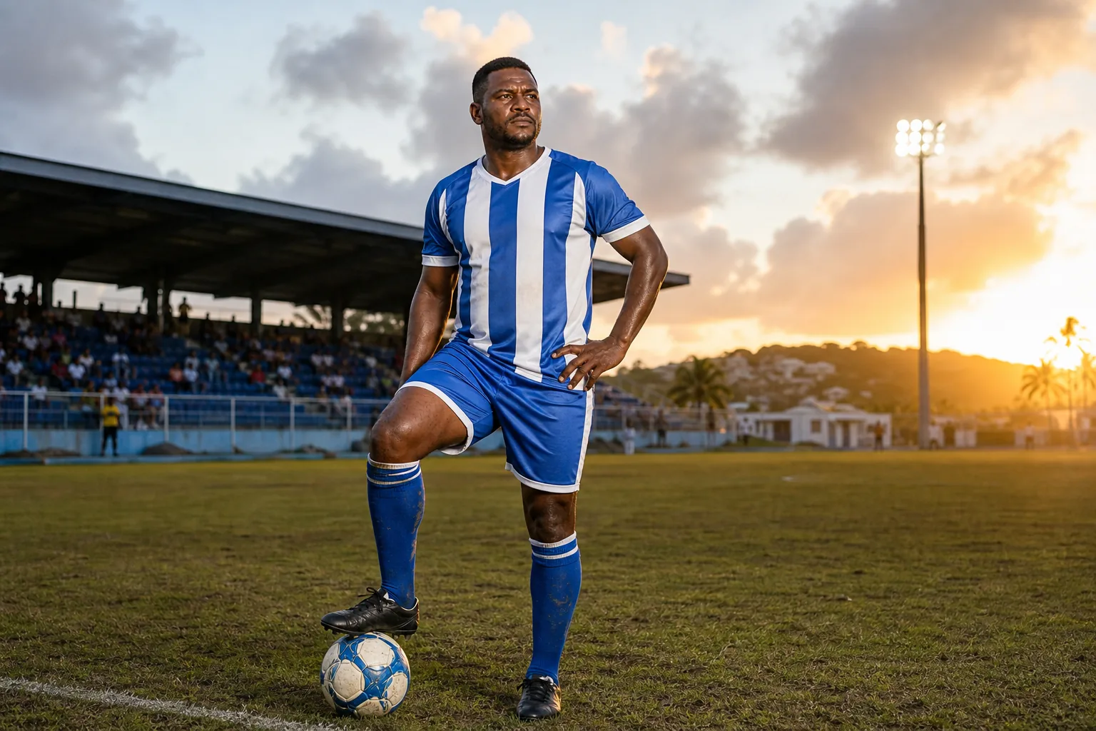 A fictional editorial portrait of Antigua and Barbuda striker Peter Byers on a Caribbean football ground