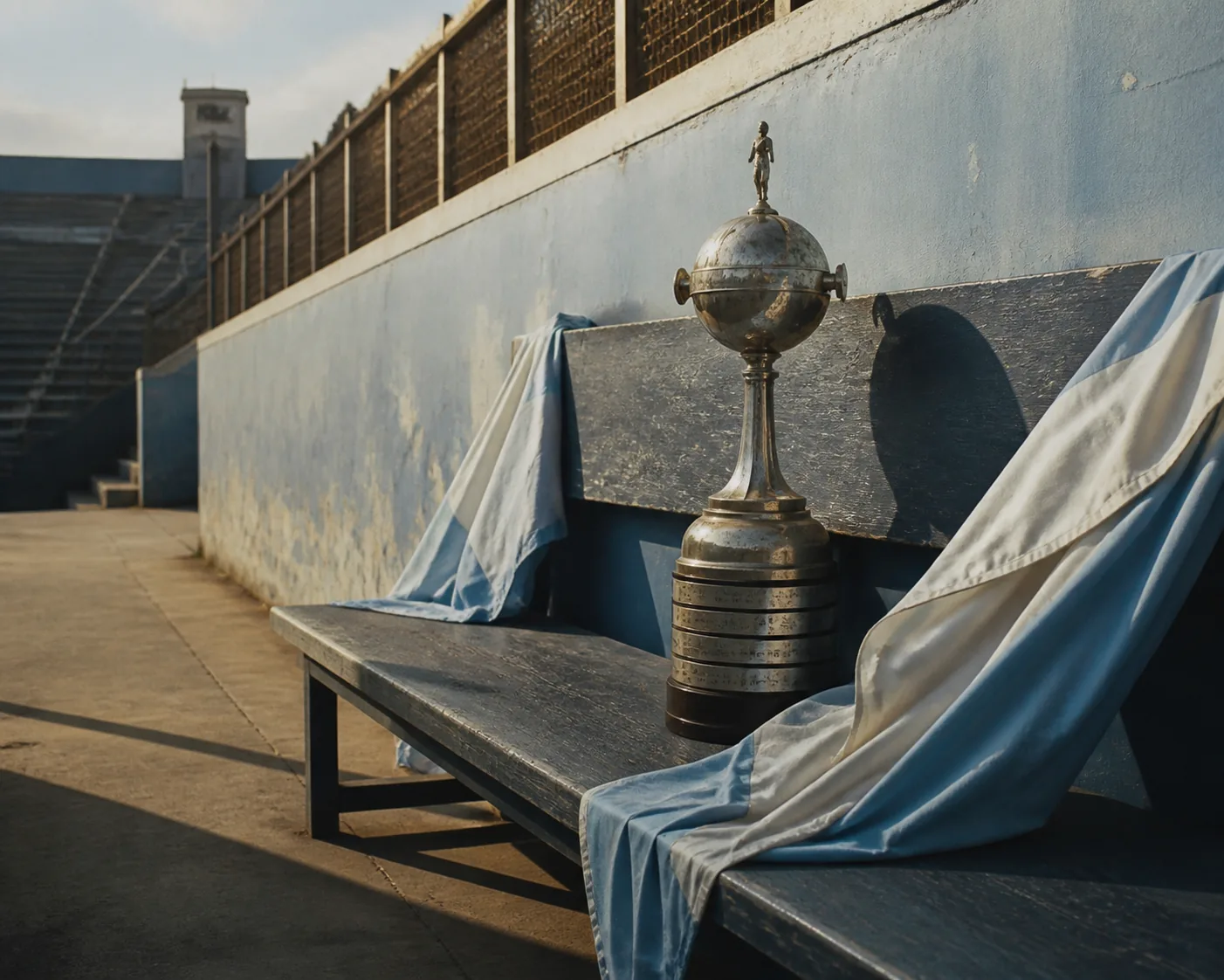 An old continental football trophy on a quiet stadium bench with faded sky-blue and white flags