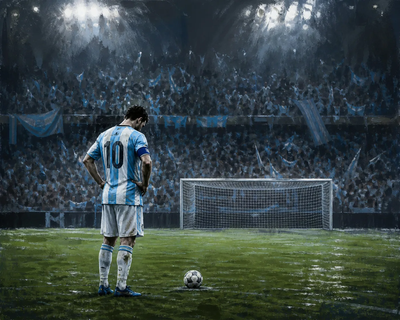 A fictional sky-blue-and-white captain alone near the penalty spot after a shootout defeat