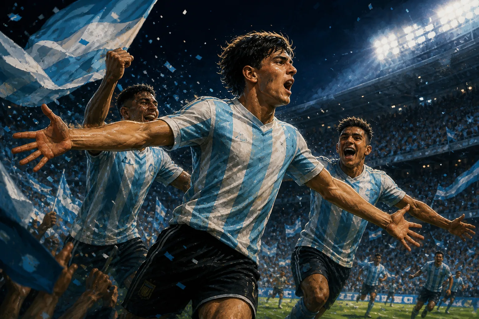 A fictional Argentine winger in sky-blue and white celebrating a decisive goal with teammates