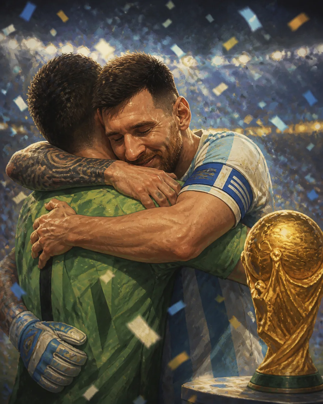 A fictional sky-blue-and-white captain embracing a goalkeeper after a dramatic shootout victory