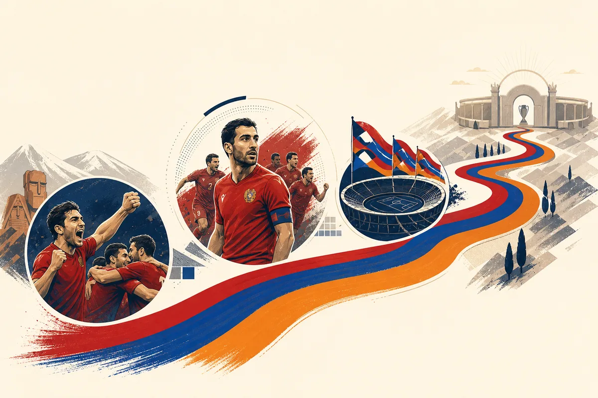 Text-free editorial timeline illustration of Armenia's journey from qualifying wins through the Mkhitaryan generation toward a first major tournament