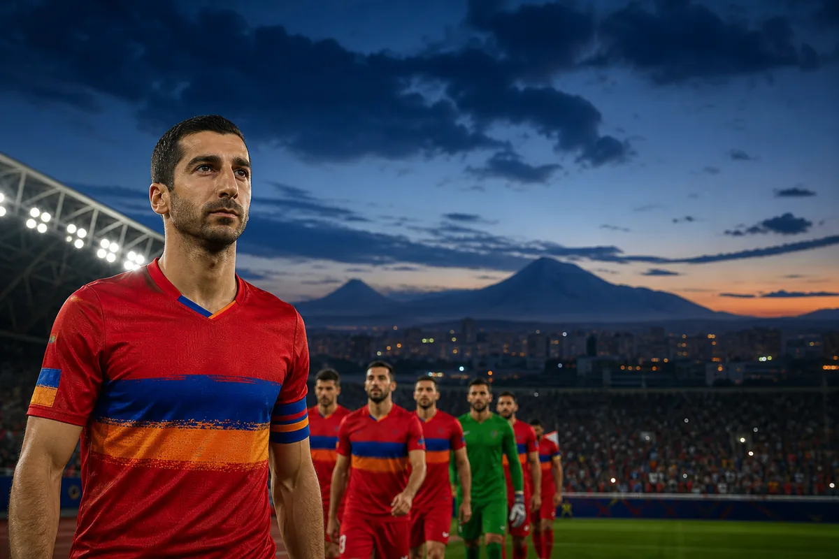 A fictional Armenian national-team attacking midfielder inspired by Henrikh Mkhitaryan leading his team before an international match with Mount Ararat beyond Yerevan