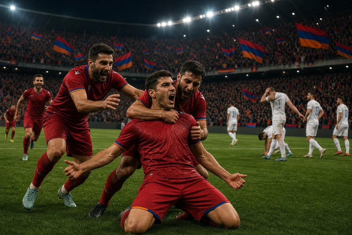 Fictional Armenian players celebrating a major qualifying victory in a packed Yerevan stadium