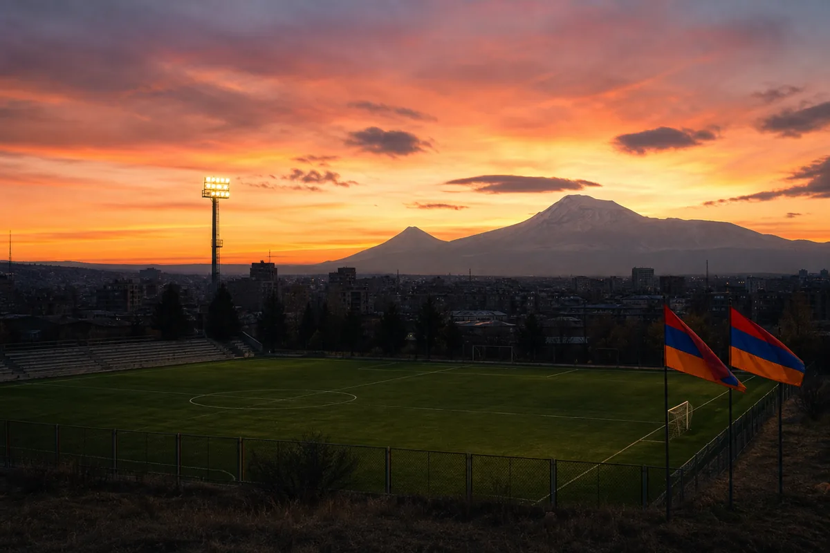 A quiet football pitch in Yerevan at sunset with Mount Ararat beyond the stadium and Armenian flags in the foreground