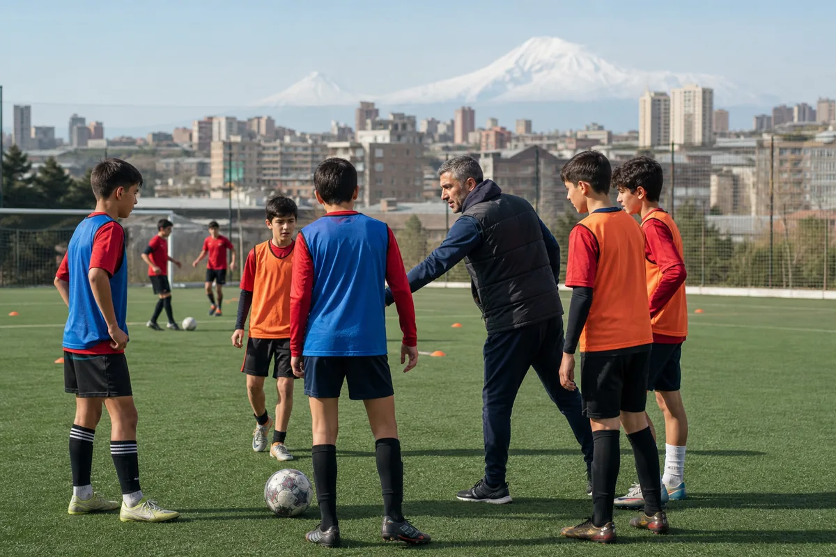 Armenian youth footballers training on a city pitch with Yerevan and distant mountains behind them