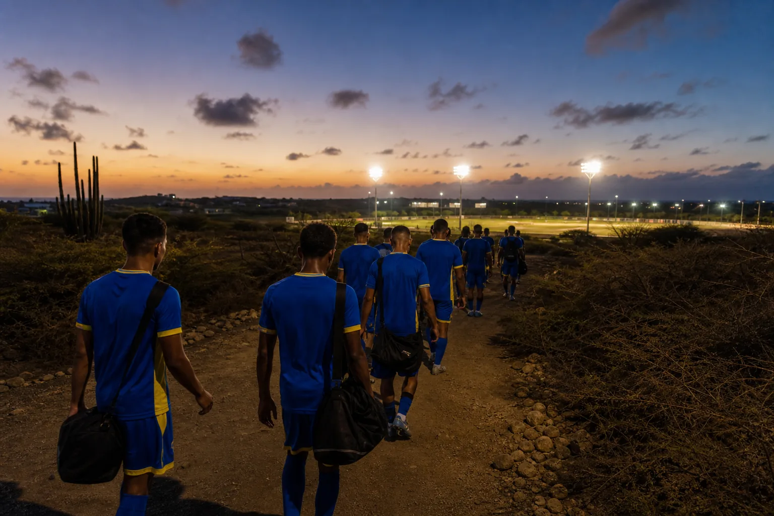 A blue-and-yellow island football team walking toward a floodlit pitch at twilight