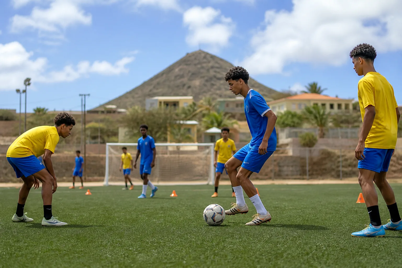 A community football match on an Aruban pitch with bright sky and local island surroundings