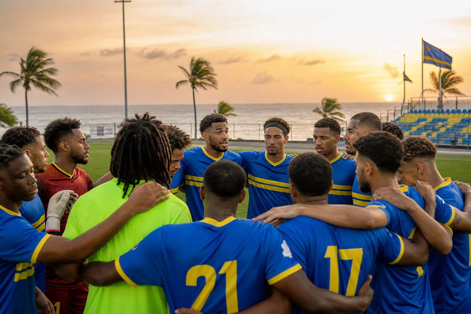 Aruba players competing in an intense fictional CONCACAF Nations League match under floodlights