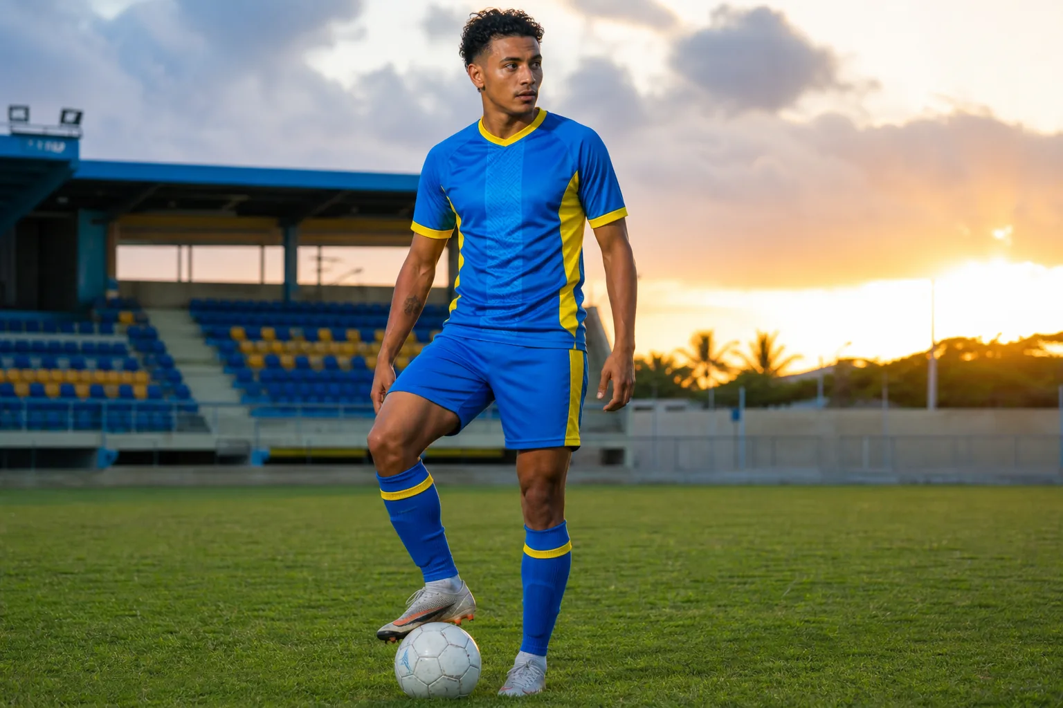 A fictional editorial portrait of Aruba national-team midfielder Rovien Ostiana on an Aruban football ground