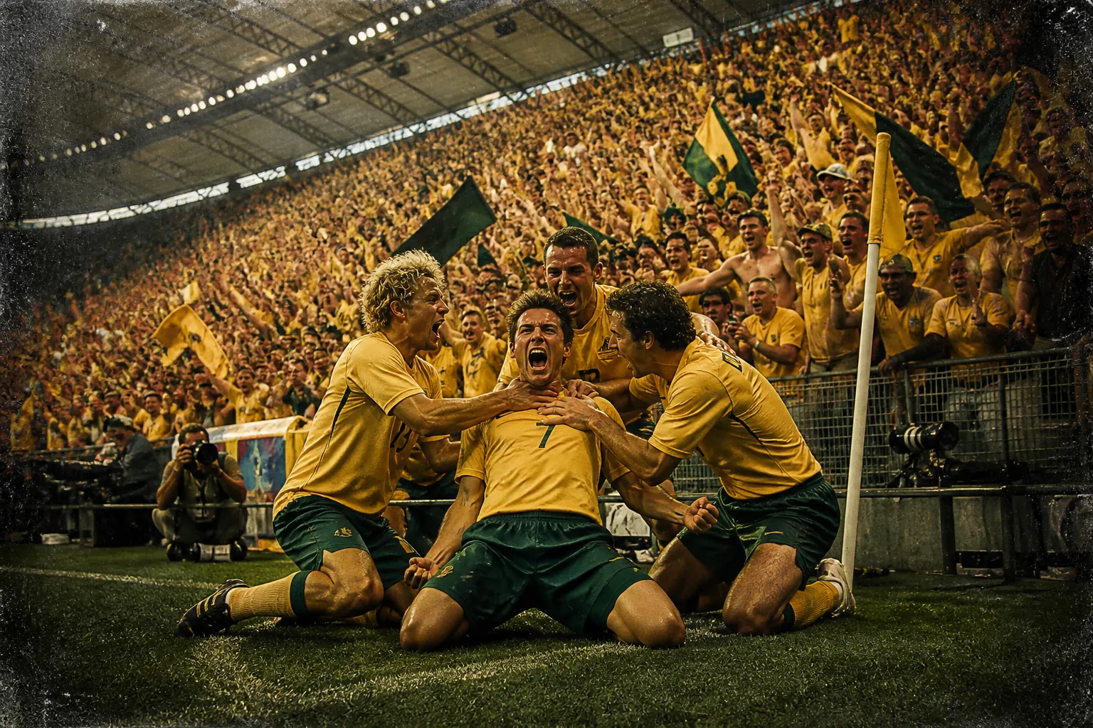 Fictional Australian footballers celebrating a late goal during the 2006 World Cup breakthrough