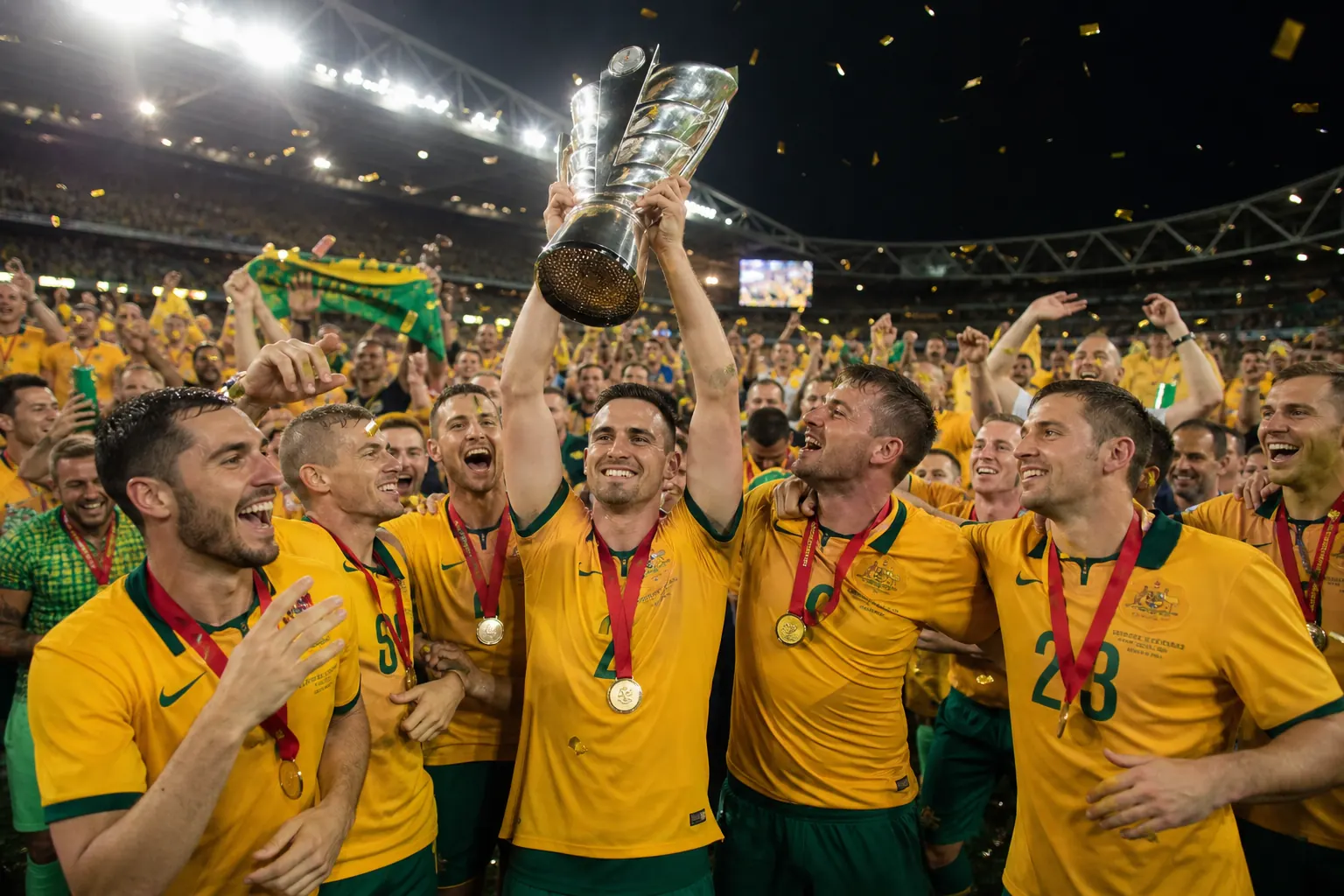 Fictional Australian footballers lifting the AFC Asian Cup trophy after a hard-fought final