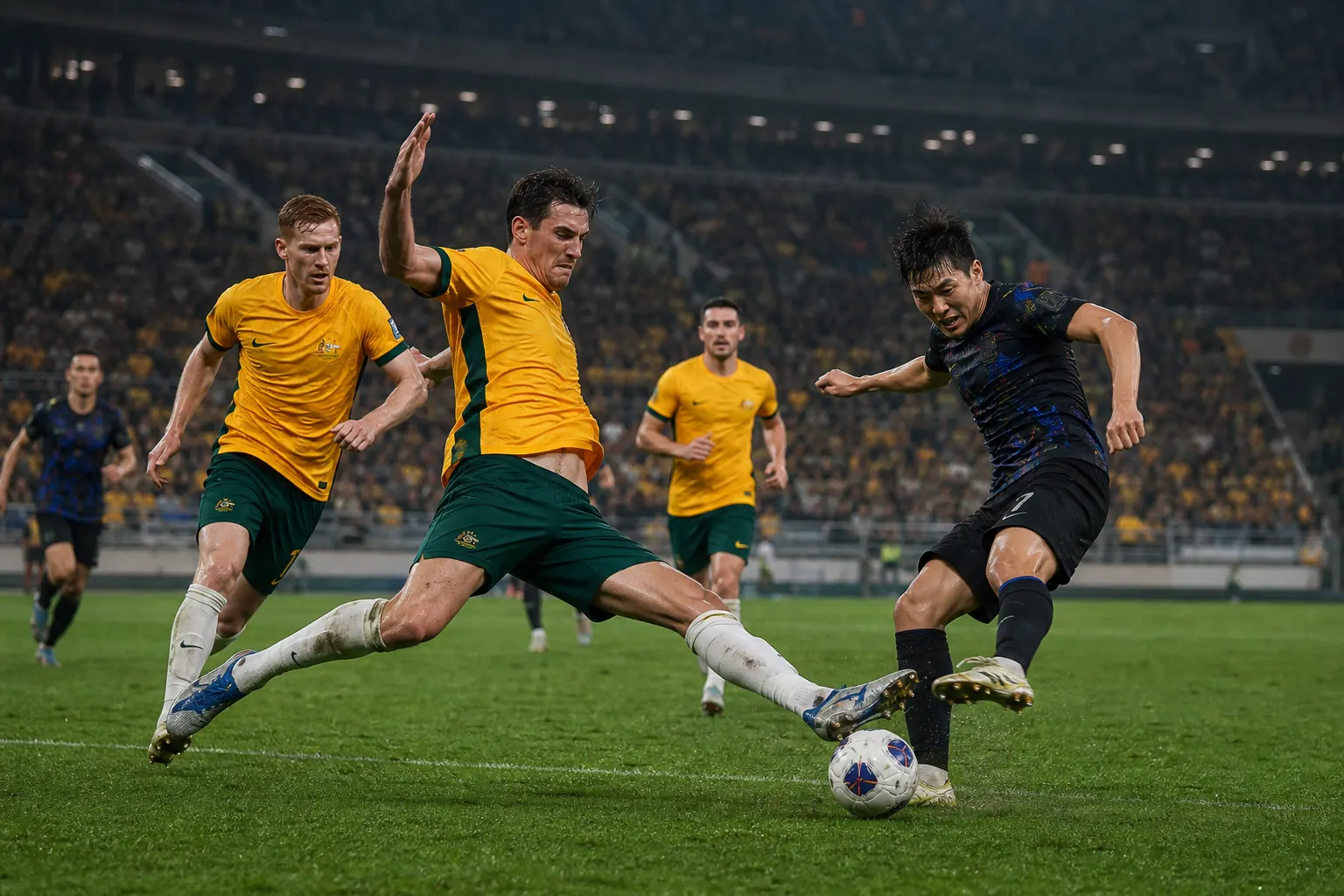 Fictional Australian footballers competing intensely in an AFC qualifier