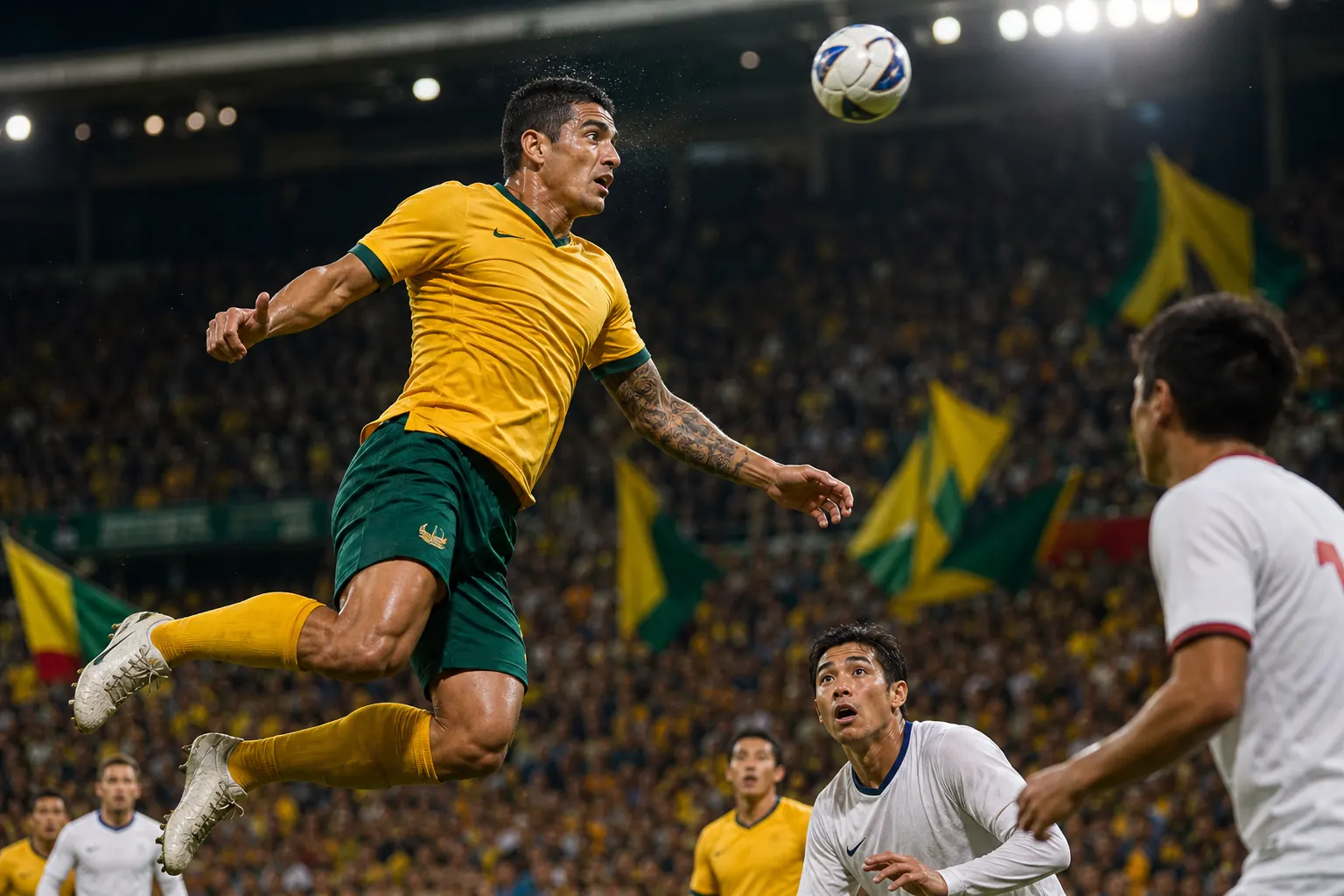 A fictional Australian national-team star midfielder rising for a header in an international match