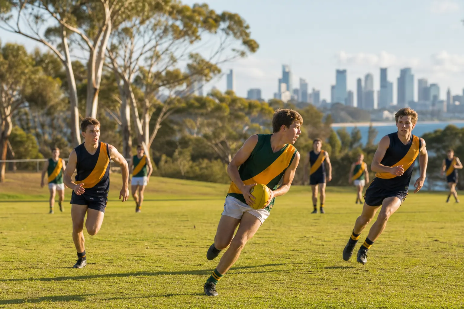 Young fictional Australian footballers playing an energetic match beside the coast
