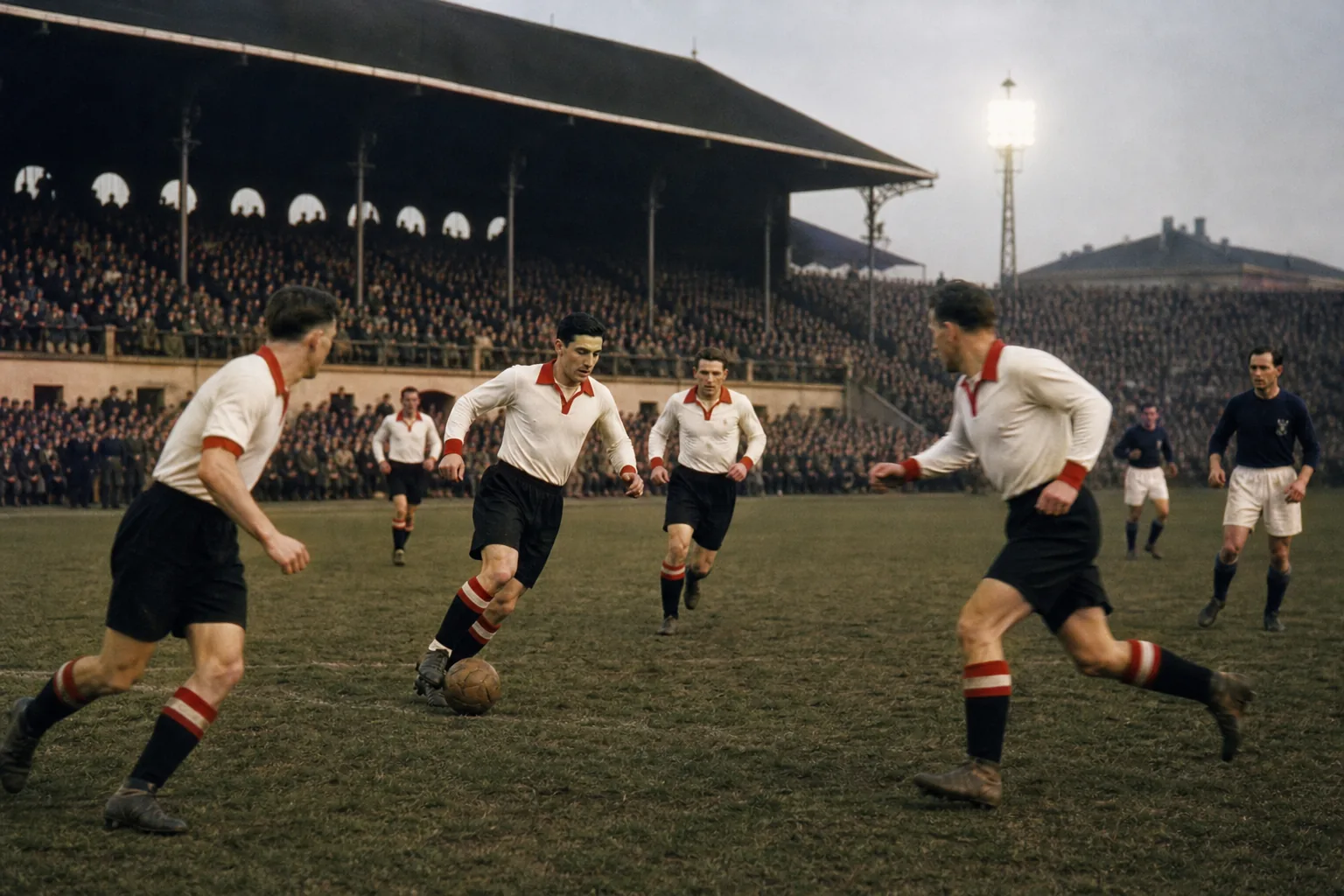 Fictional Austrian footballers exchanging quick passes in the historic Wunderteam tradition