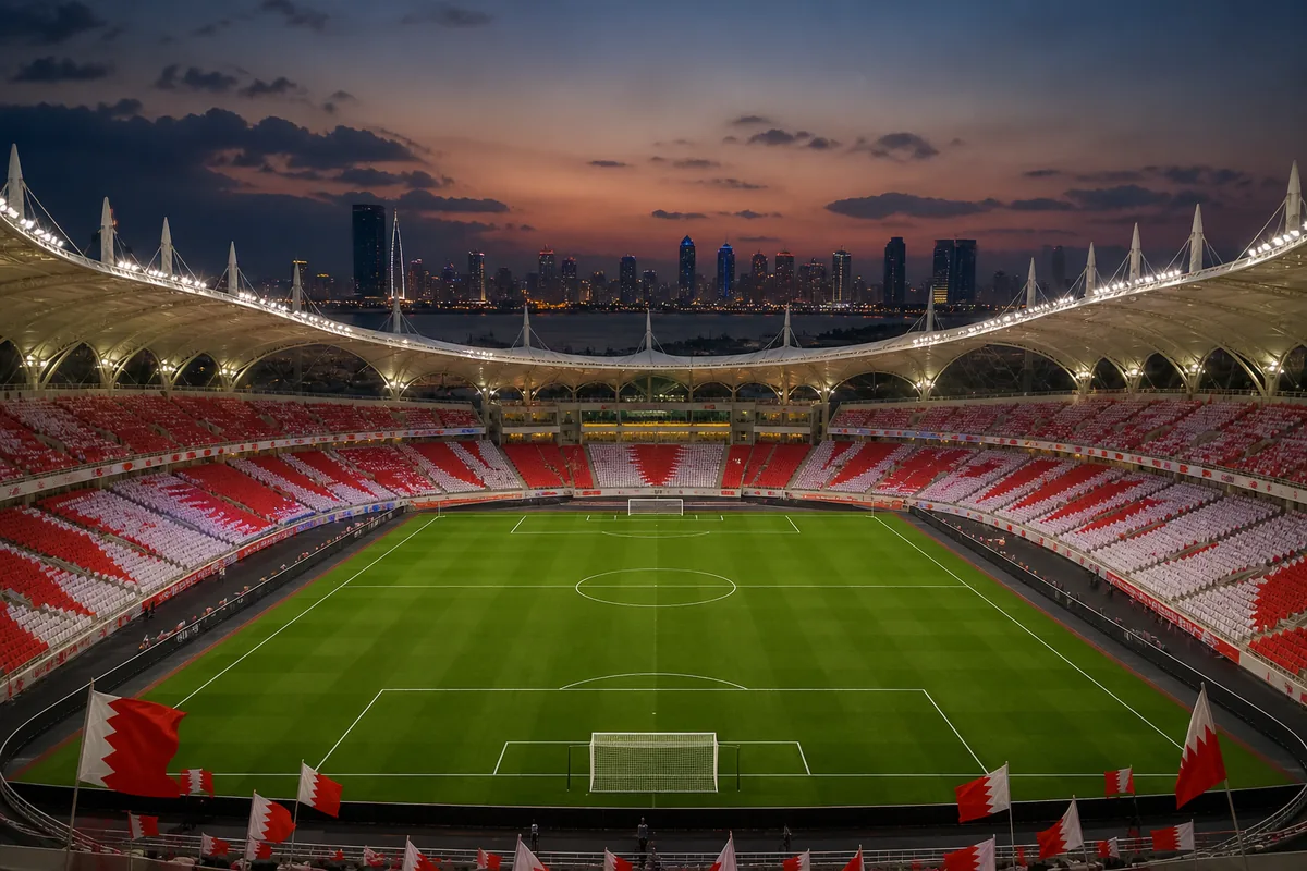 A modern Bahrain National Stadium-inspired football ground prepared for an Asian Cup match